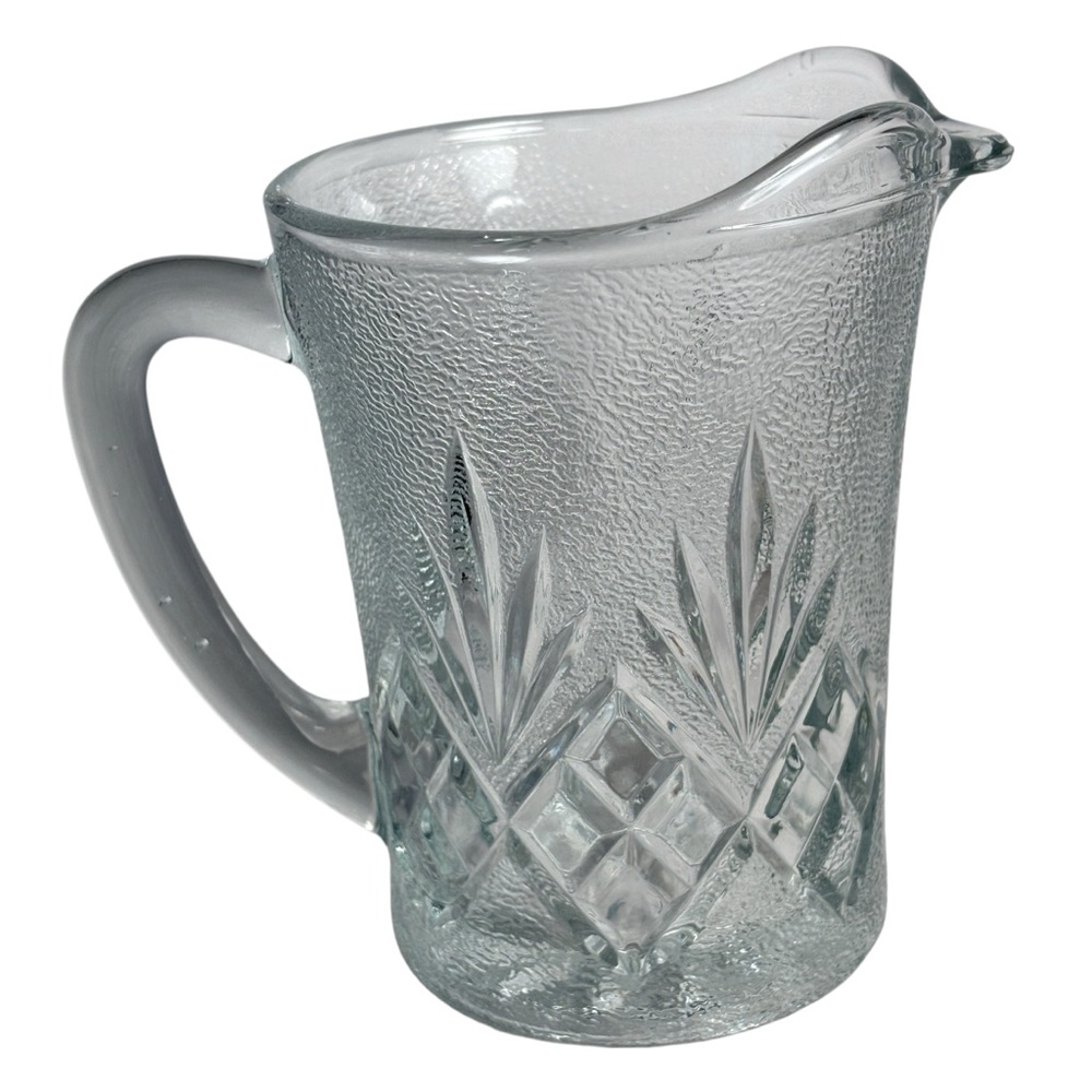 Small glass pitcher pressed glass cream or juice clear diamond fan pebbled 5”
